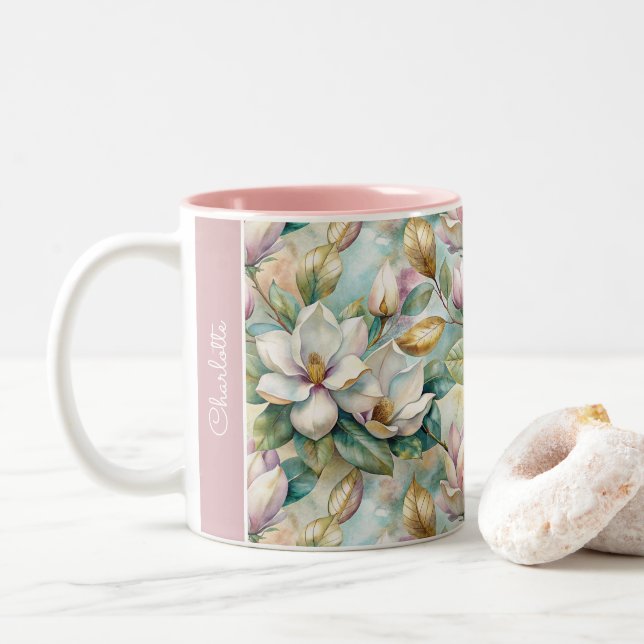 Custom Pattern Elegant Magnolia Flowers Två-Tonad Mugg (Med munk)