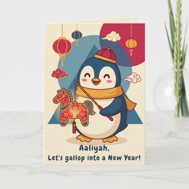Custom Penguin Celebrating Lunar New Year Helgkort (Framsida)