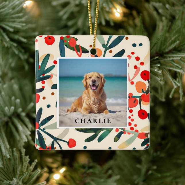 Custom Pet Name Photo Holly Berries Holiday Julgransprydnad Keramik (Träd)