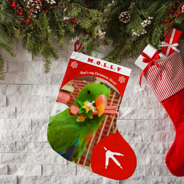 Custom Pet Parrot Photo Holiday Red Personalized  Stor Julstrumpa (Skapare uppladdad)