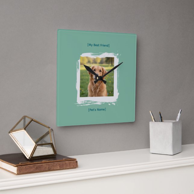 Custom Pet Photo Brushstroke Wall Clock Fyrkantig Klocka (Kontor)
