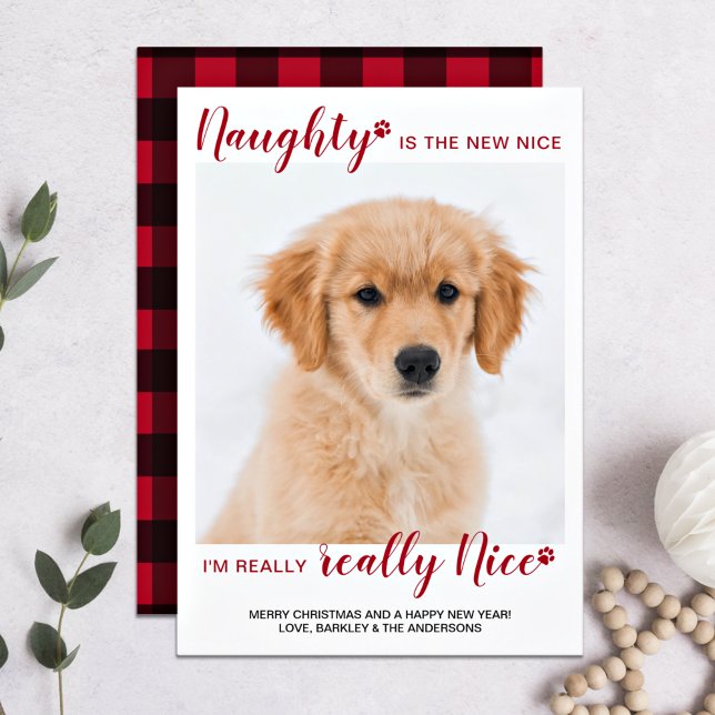 Custom Pet Photo Naught Nice Red Buffalo Plaid  Julkort (Skapare uppladdad)