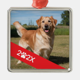 Custom Pet Photo with Year and Paw Ribbon Julgransprydnad Metall