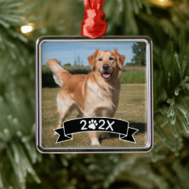Custom Pet Photo with Year and Paw Ribbon Julgransprydnad Metall