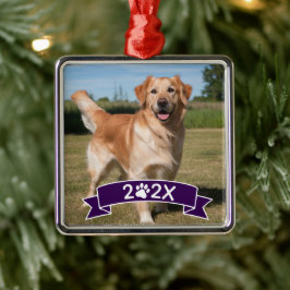 Custom Pet Photo with Year and Paw Ribbon Julgransprydnad Metall