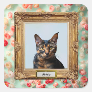 Custom Pet Portrait Label – Your Cat in a Frame Fyrkantigt Klistermärke