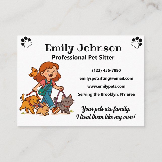 Custom Pet Sitter Business Card with Cute Cartoon  Visitkort (Framsida)