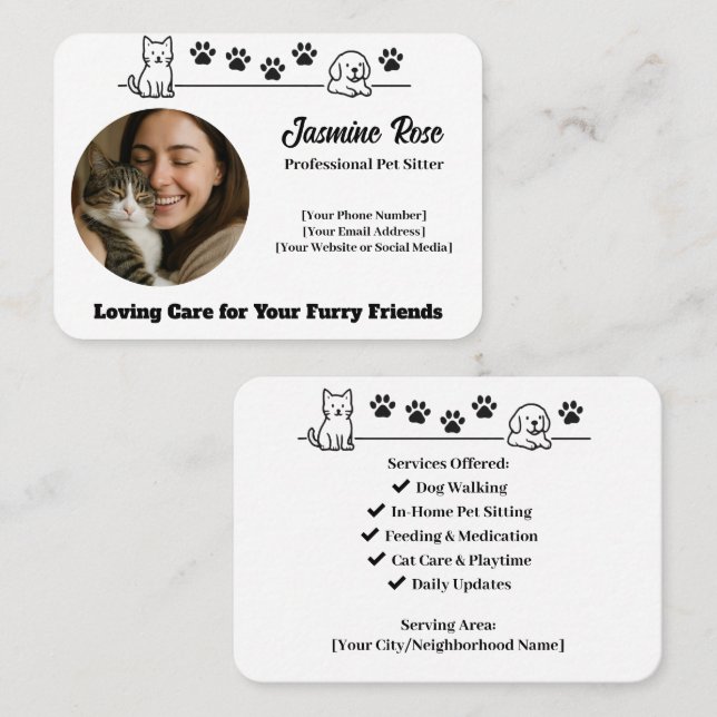 Custom Pet Sitter Business Card with Photo  Visitkort (Fram/baksida)