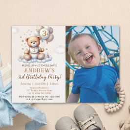Custom Photo 3rd Birthday Invite – Bear on a Cloud Inbjudningar