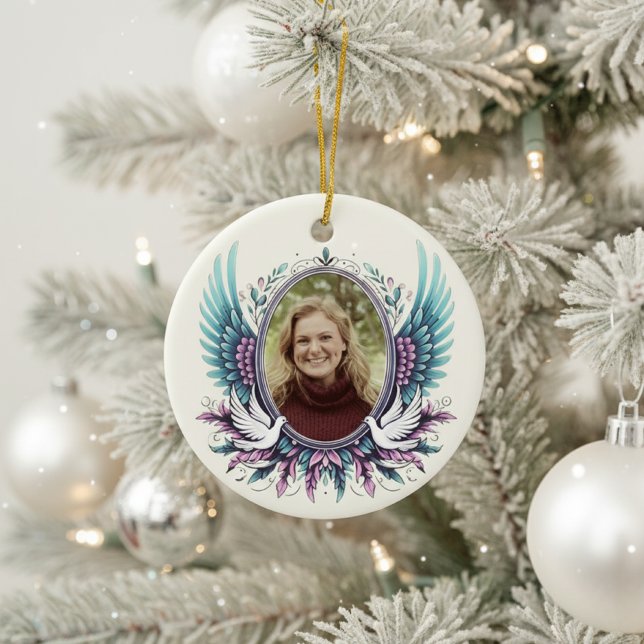Custom Photo Angel Wings Memorial Keepsake Gift  Julgransprydnad Keramik (Personalized Custom Photo Memorial Ornament)
