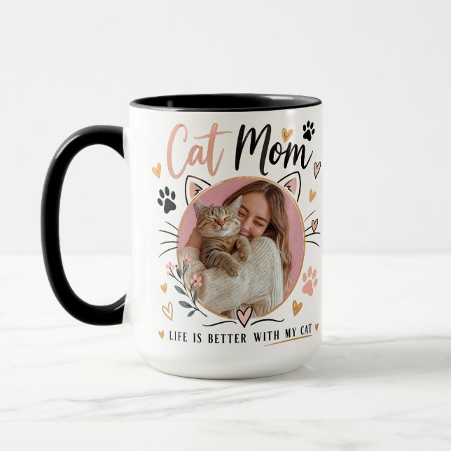 Custom Photo Cat Mom Coffee Mug Mugg (Vänster)