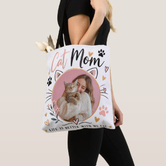 Custom Photo Cat Mom Tote Bag Tygkasse