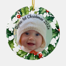 custom photo Christmas holly ceramic ornament