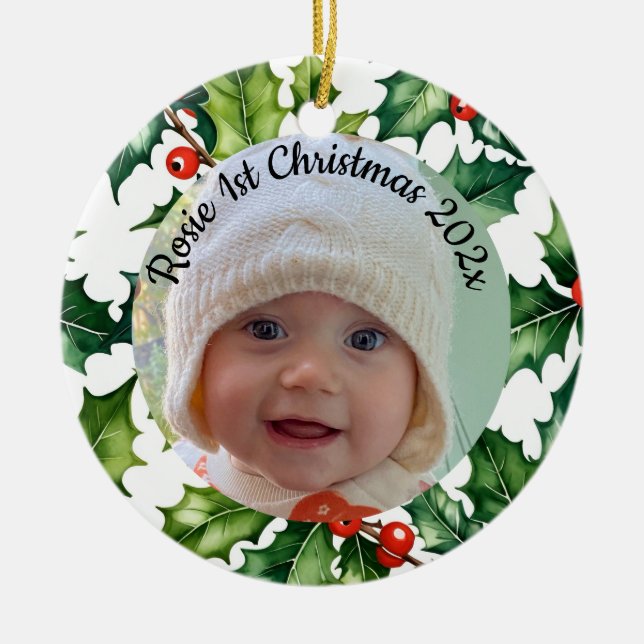 custom photo Christmas holly  ceramic ornament (Framsidan)