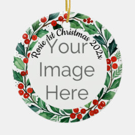 custom photo Christmas holly ceramic ornament