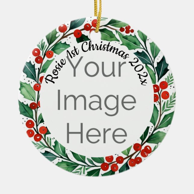 custom photo Christmas holly  ceramic ornament (Framsidan)