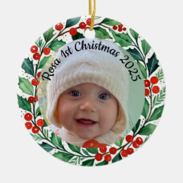 custom photo Christmas holly ceramic ornament