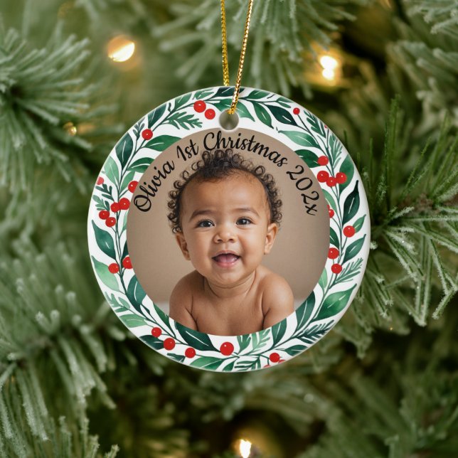 custom photo christmas holly  ceramic ornament (Träd)