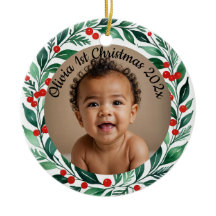 custom photo christmas holly ceramic ornament
