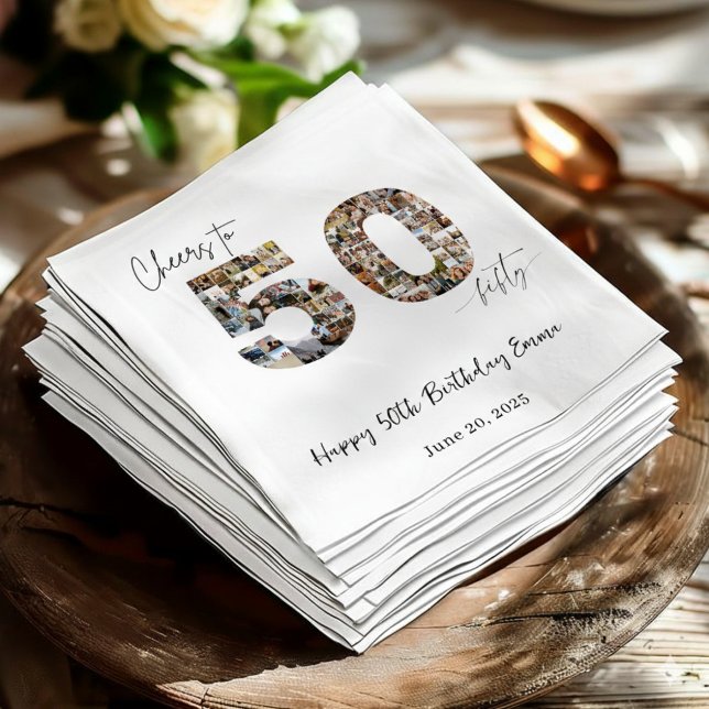 Custom Photo Collage 50th Birthday Party Napkins  Pappersservett (Skapare uppladdad)