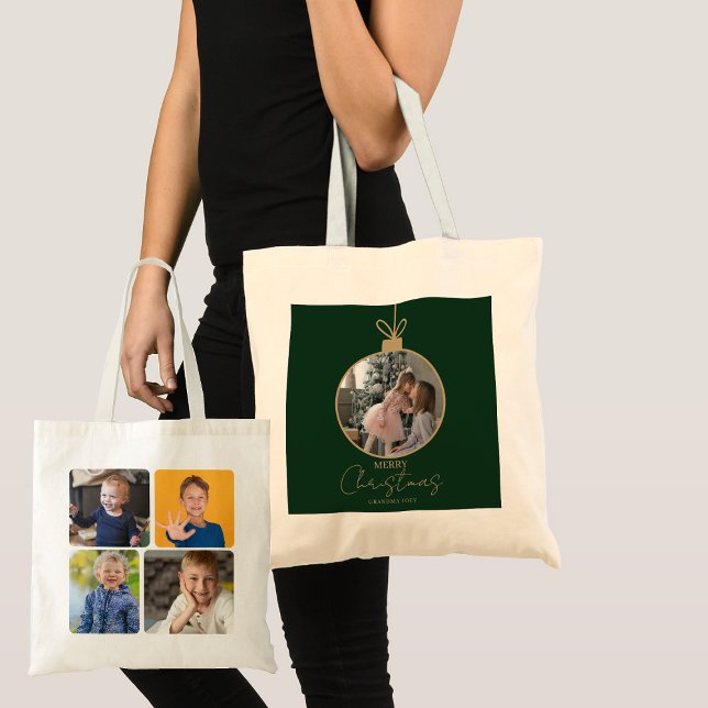 custom photo collage Merry Christmas bauble Tygkasse (Skapare uppladdad)