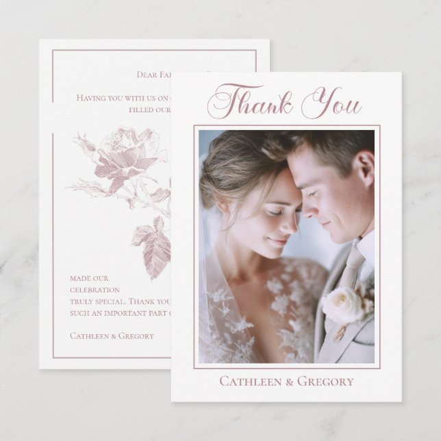 Custom Photo Dusty Pink Floral Wedding Calligraphy Tack Kort (Fram/baksida)