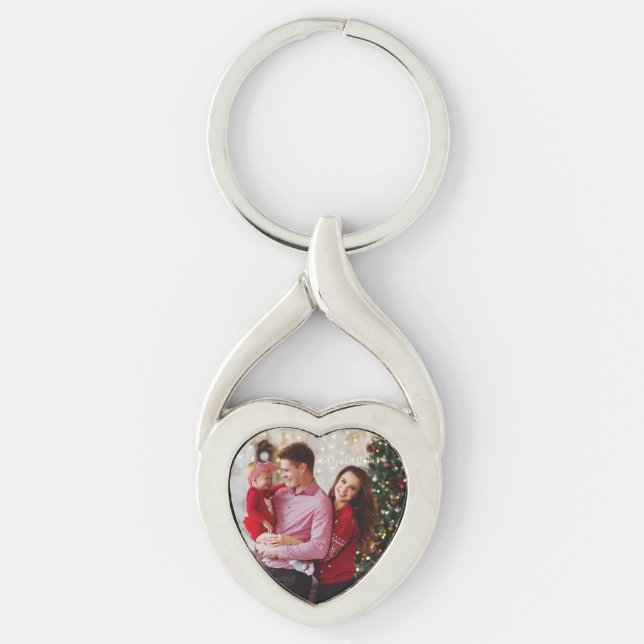 Custom Photo Family Holiday Keepsake Metal  Twisted Heart Silverfärgad Nyckelring (Framsidan)