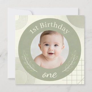 Custom Photo First Birthday - Personalized Sage  Inbjudningar