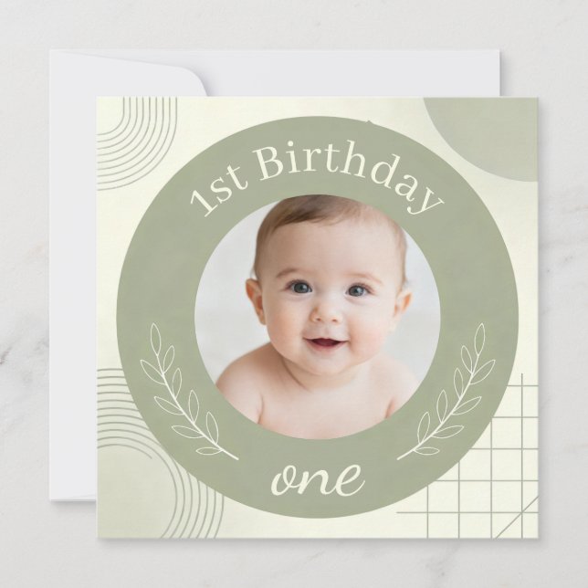 Custom Photo First Birthday - Personalized Sage  Inbjudningar (Framsida)