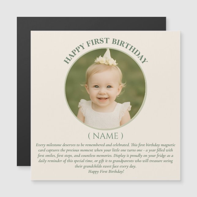 Custom Photo First Birthday Sage Green Thin Magnet (Fram/baksida)