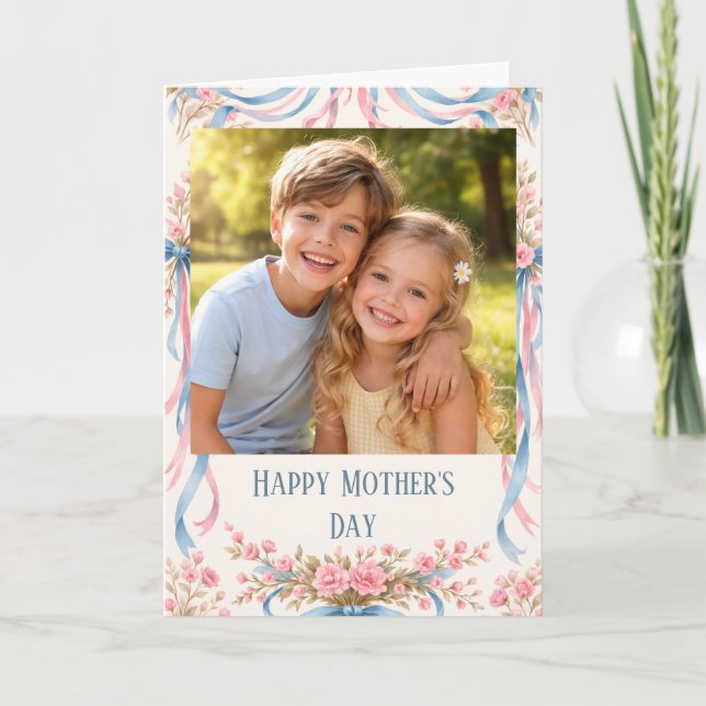 Custom Photo Happy Mother’s Day floral ribbon Kort (Framsida)