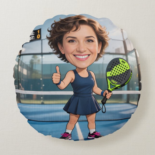 Custom Photo Head Padel/Pickleball Player Caricatu Rund Kudde (Framsidan)