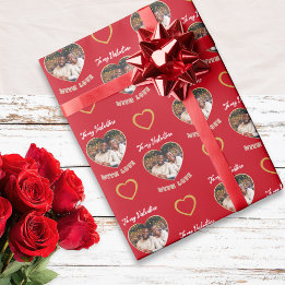 Custom Photo Hearts Pattern Red Gold Valentine Presentpapper