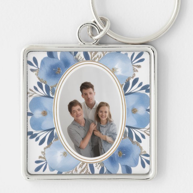 “Custom Photo Keychain – Blue Floral Personalized  Fyrkantig Silverfärgad Nyckelring (Framsidan)