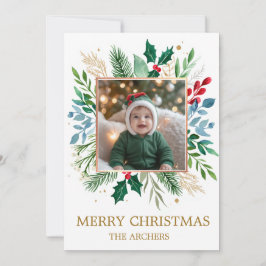 Custom Photo Merry Christmas Watercolor Botanical Julkort