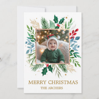 Custom Photo Merry Christmas Watercolor Botanical Julkort