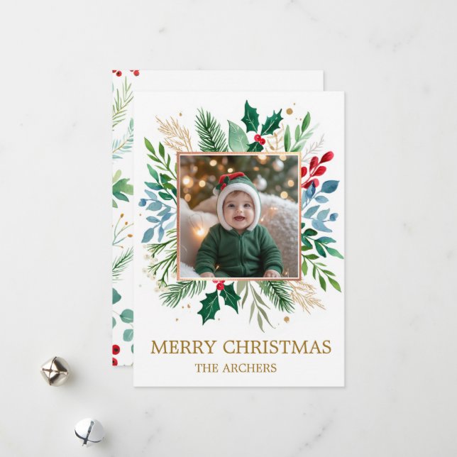 Custom Photo Merry Christmas Watercolor Botanical  Julkort (Fram/Back In Situ)