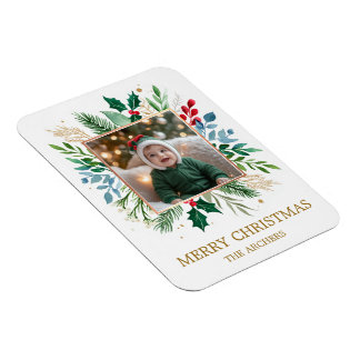 Custom Photo Merry Christmas Watercolor Botanical Magnet