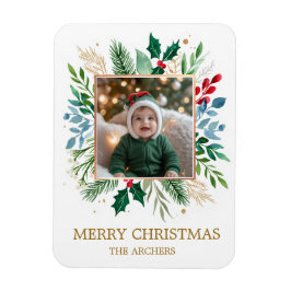 Custom Photo Merry Christmas Watercolor Botanical Magnet