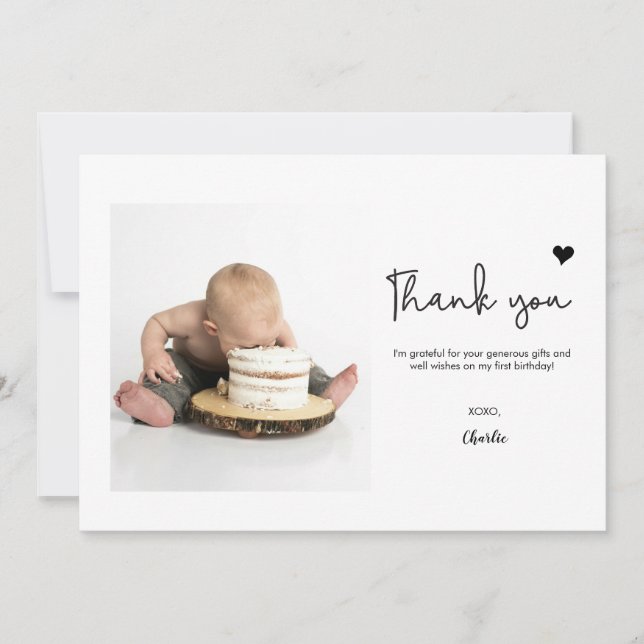 Custom Photo Modern heart First Birthday Tack Kort (Framsida)