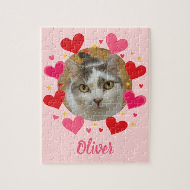 Custom Photo Name Red Pink Hearts Personalized Pussel (Vertikal)