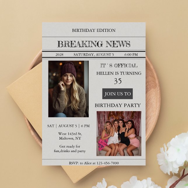 Custom Photo Newspaper Style Birthday Invitation Inbjudningar (Skapare uppladdad)