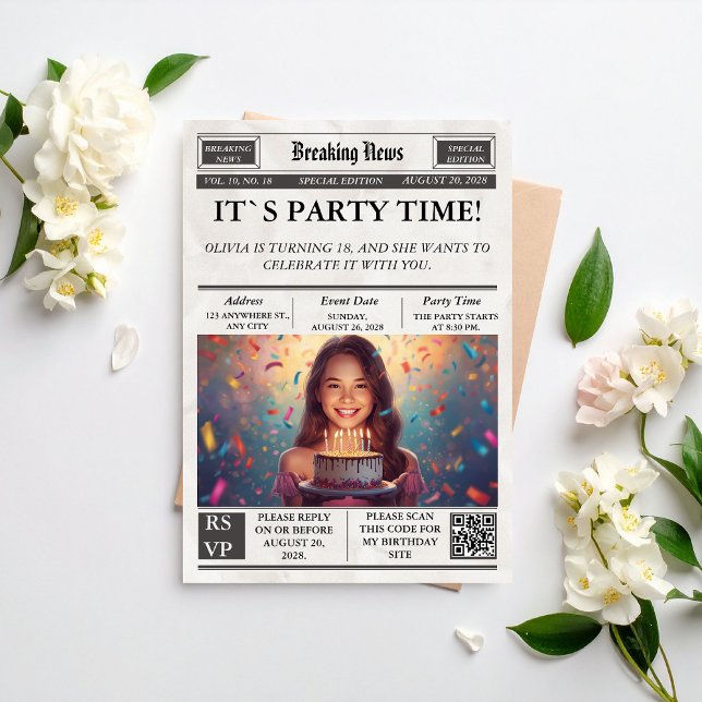 Custom Photo Newspaper Style Birthday Invitation Inbjudningar (Skapare uppladdad)
