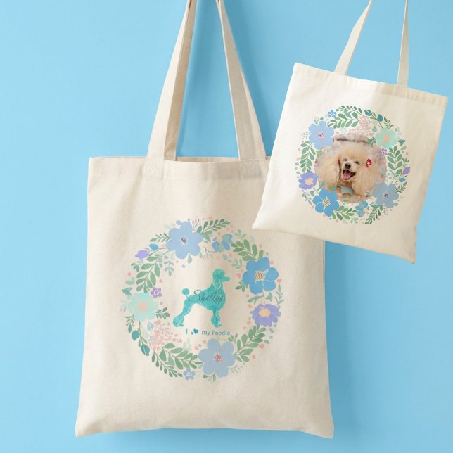 Custom Photo Poodle Tote – Pastel Blue Floral Tygkasse (Skapare uppladdad)
