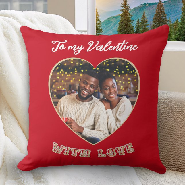 Custom Photo Romantic Heart Red Valentine’s Day Kudde (A red throw pillow with 'To my Valentine with love' message and custom photo in a heart shape)