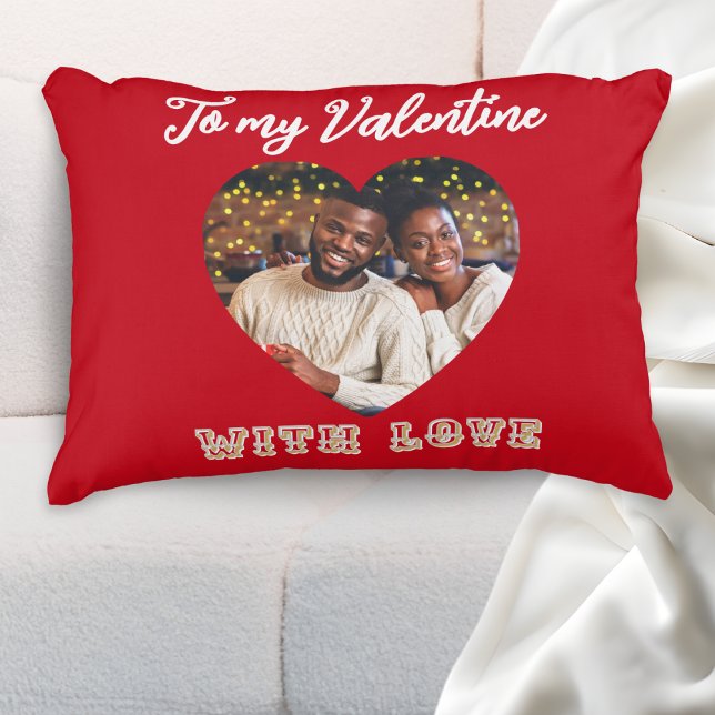 Custom Photo Romantic Heart Red Valentine’s Day Prydnadskudde (A red accent pillow with custom photo in a heart-shaped 'frame' and 'To my Valentine with Love')