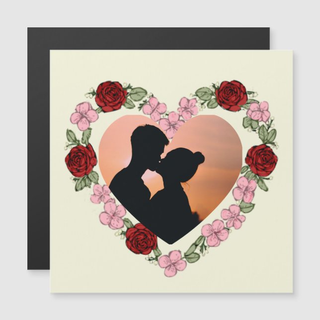 Custom Photo Rose Heart Magnetic Card - Square (Fram/baksida)