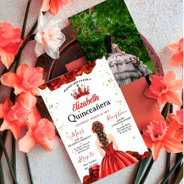 Custom Photo Royal Red Rose Quinceañera Invite Inbjudningar