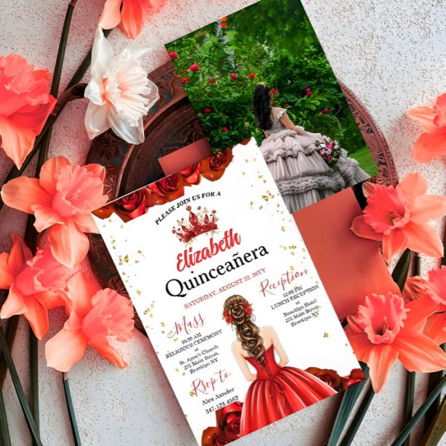 Custom Photo Royal Red Rose Quinceañera Invite Inbjudningar (Skapare uppladdad)