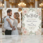 Custom Photo Rustic Romantic Spara Datumet<br><div class="desc">Share your special moment with this country-inspired design, featuring earthy timber tones, vintage lace details, and a personalized engagement portrait.This design centers your full-bleed engagement picture within an elegant, distressed dark brown barn wood-style background. The composition is accented by a delicate, off-white printed lace-style border and utilizes sweeping, traditional script...</div>